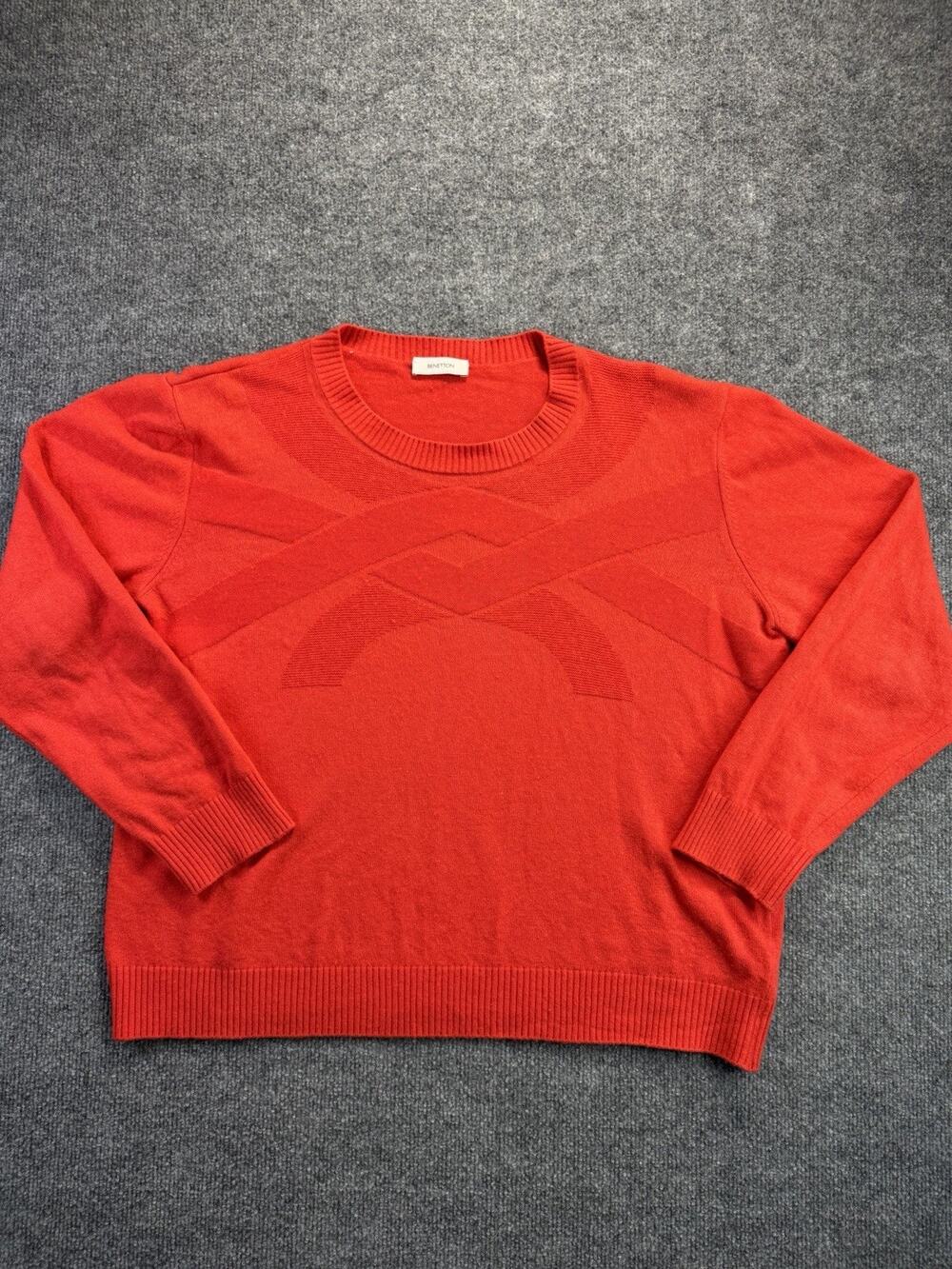 Benetton Red Wool Cashmere Blend Geometric Sweater Women’s Sz L Preppy Retro